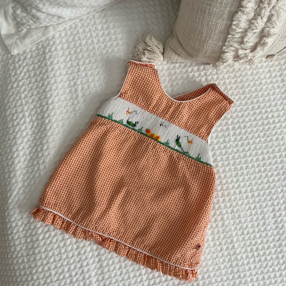 Orange Gingham Baby Dress with Embroidery | 100% Cotton